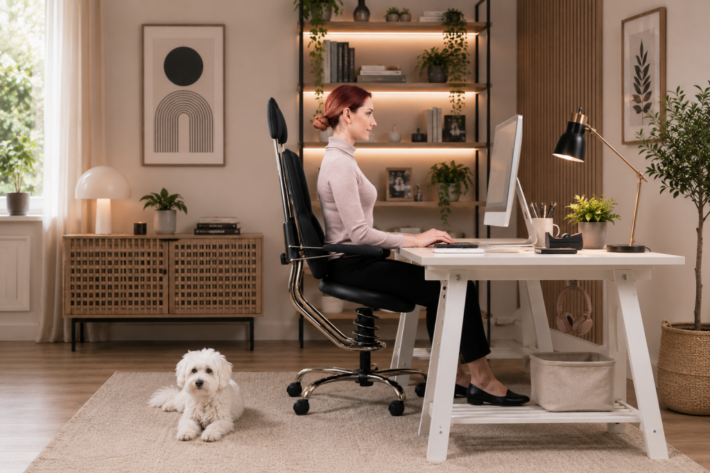 A woman sits on an office chair pilot at her desk